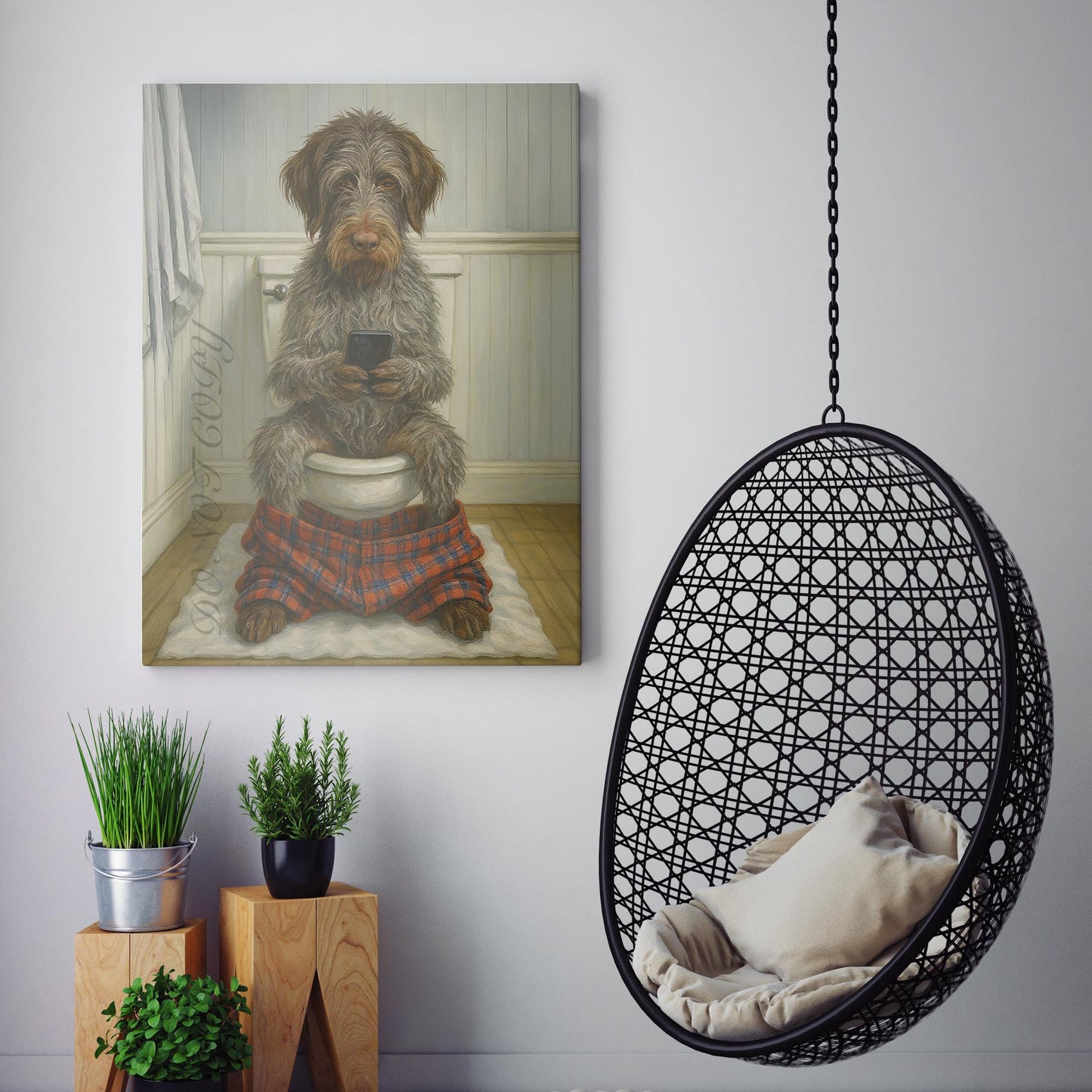 Wirehaired Pointing Griffon Dog On The Phone On The Toilet