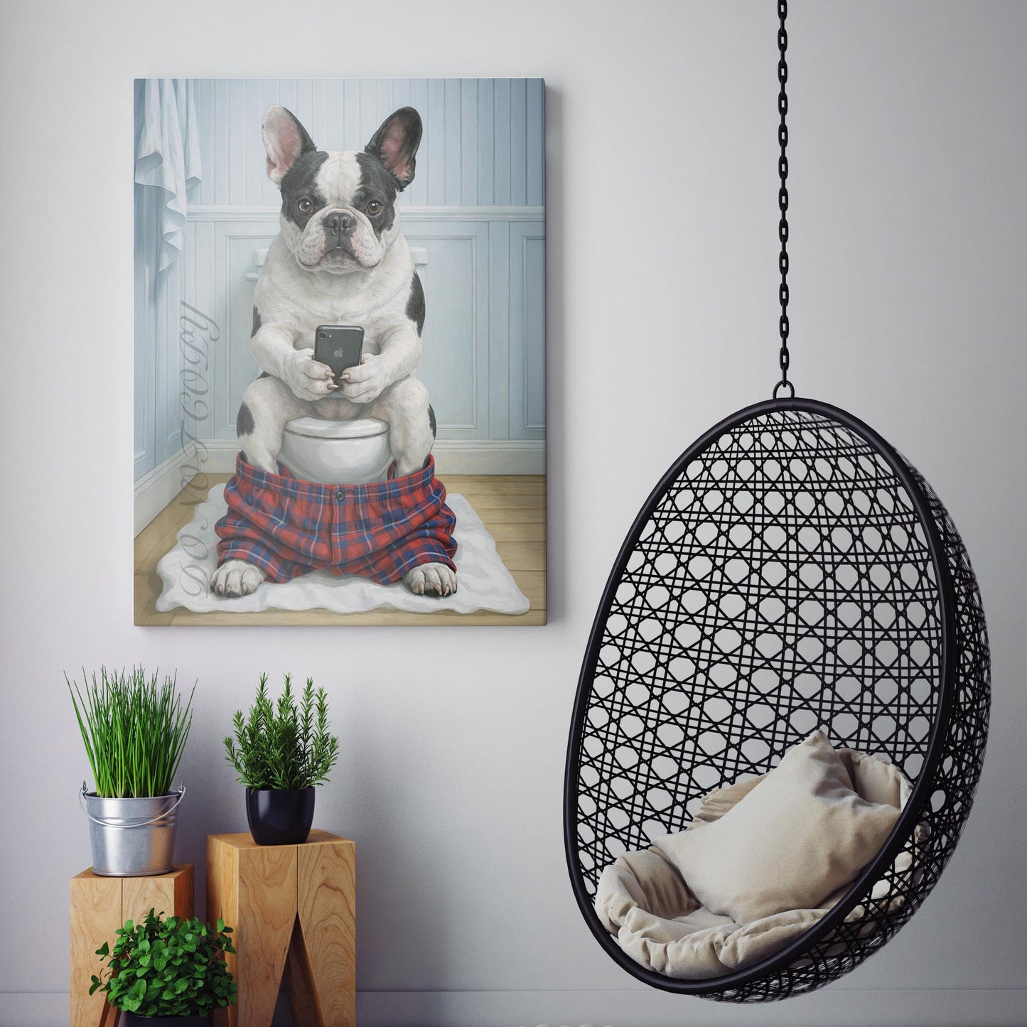 Pied French Bulldog On The Phone On The Toilet