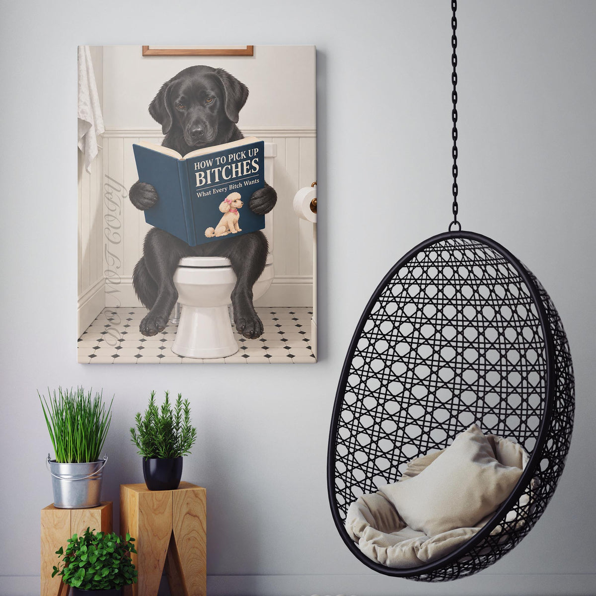 Black Labrador Dog Reading Dating Book On The Toilet