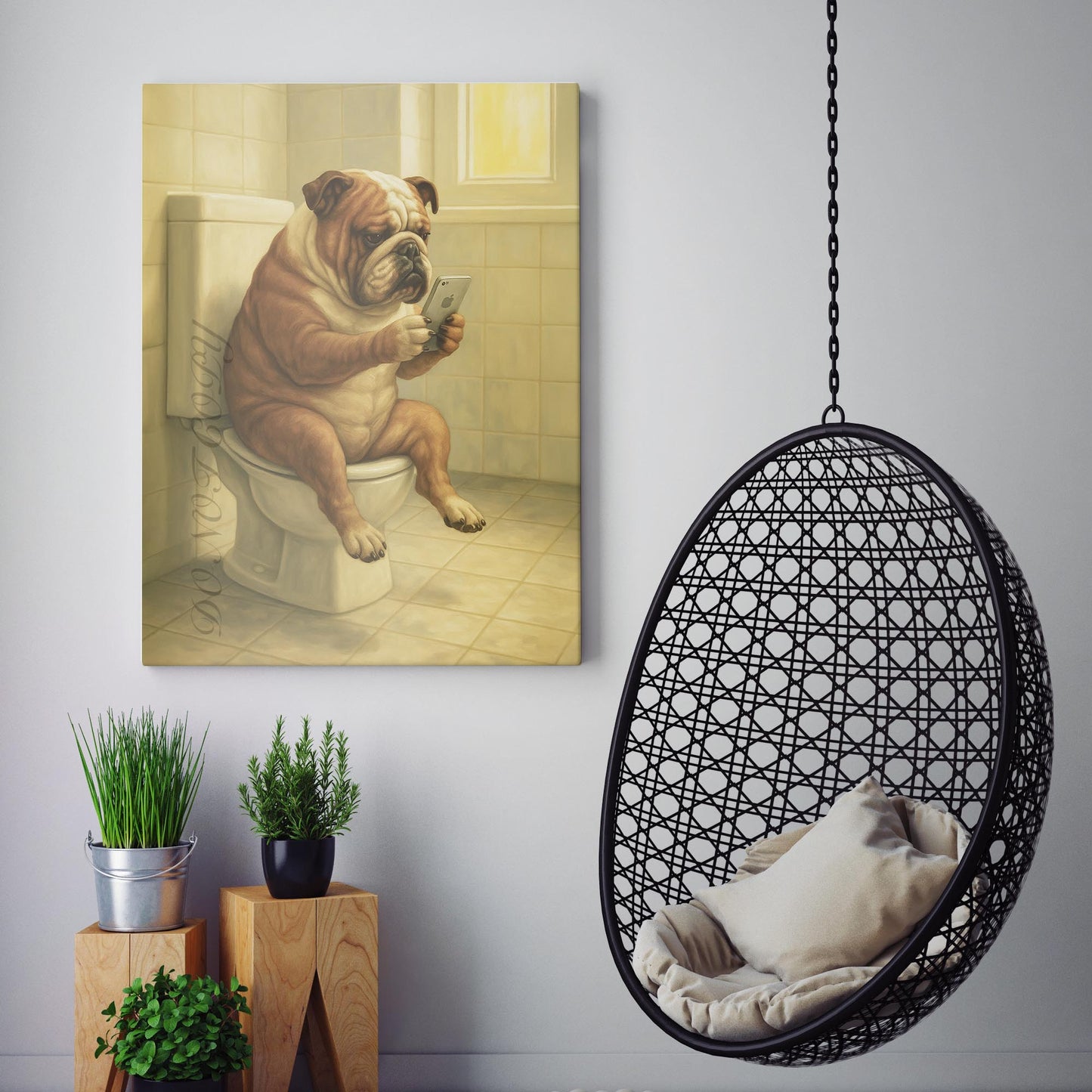 Bulldog On The Phone On The Toilet