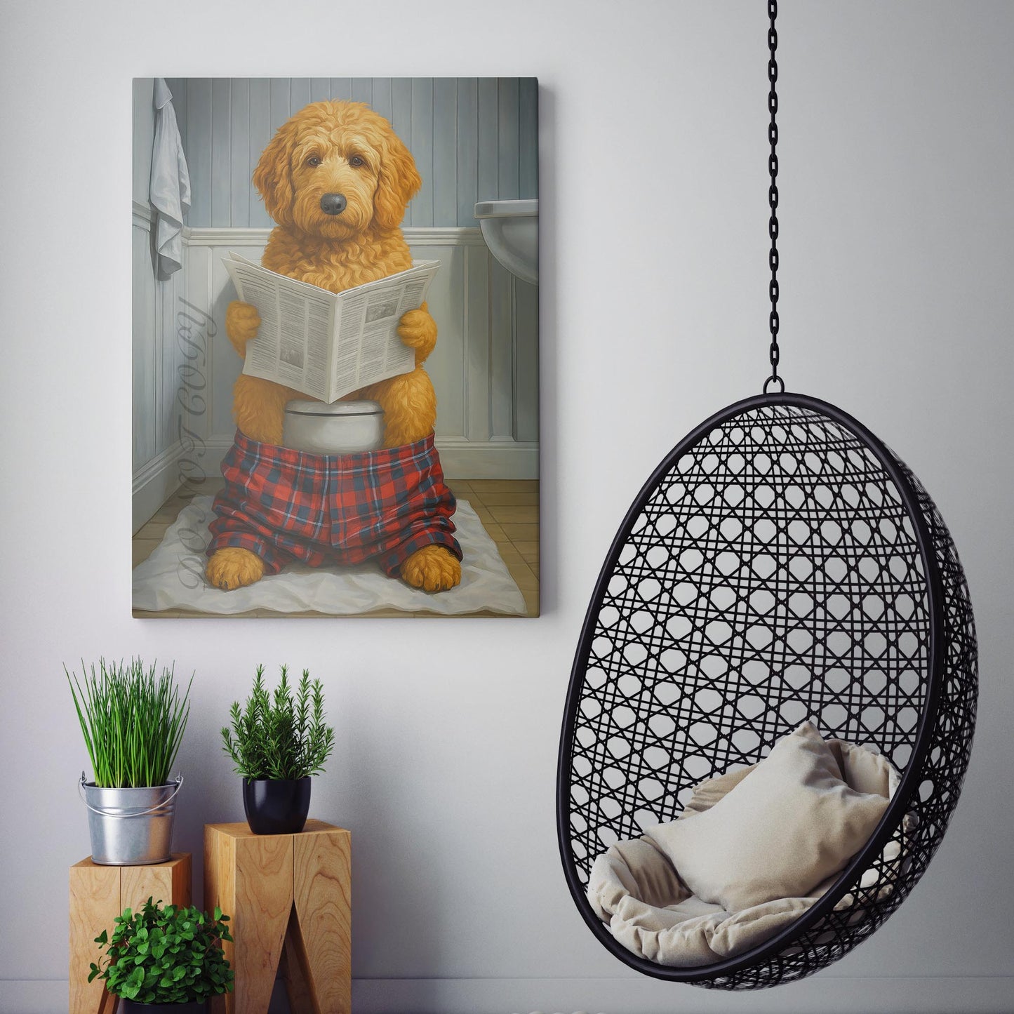 Goldendoodle Dog Reading The Newspaper On The Toilet