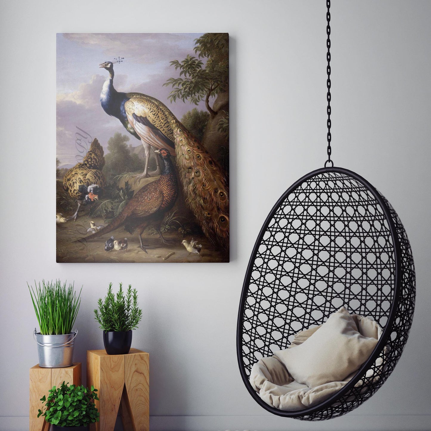 Peacock, Hen and Cock Pheasant in a Landscape - Tobias Stranover