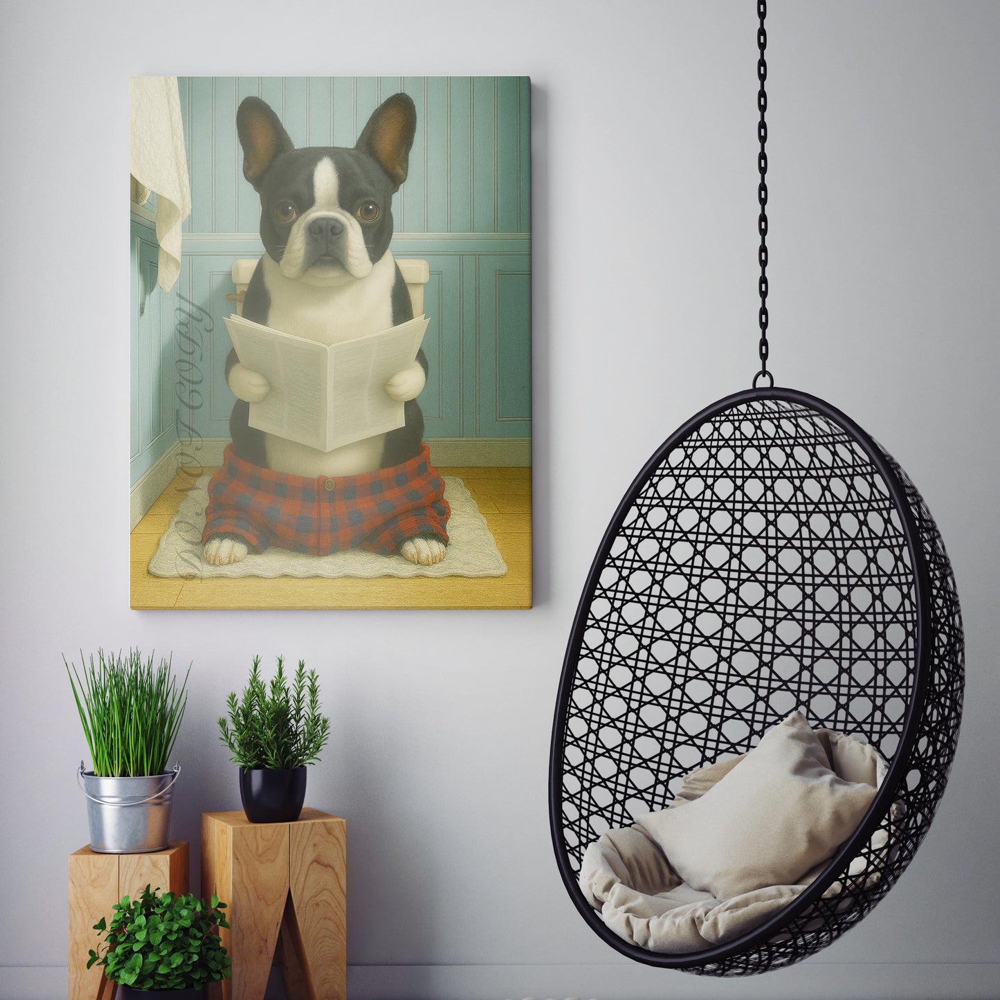 French Bulldog Reading The Newspaper On The Toilet
