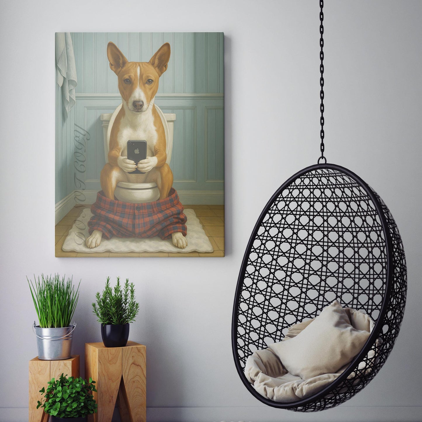 Basenji Dog On The Phone On The Toilet