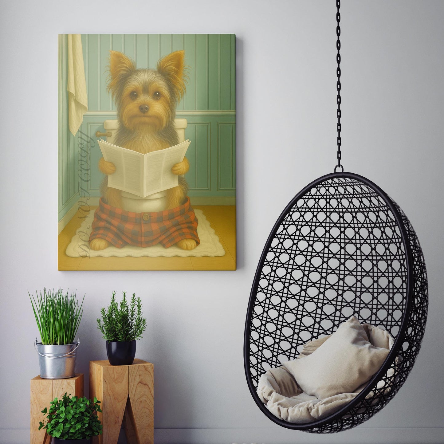 Yorkshire Terrier Dog Reading The Newspaper On The Toilet