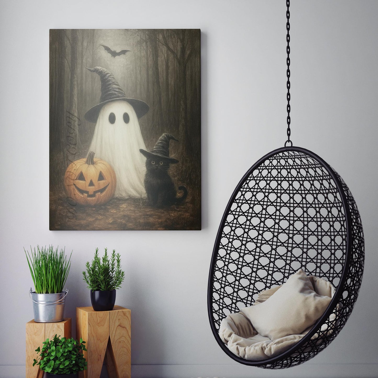 Ghost With A Pumpkin And Black Cat