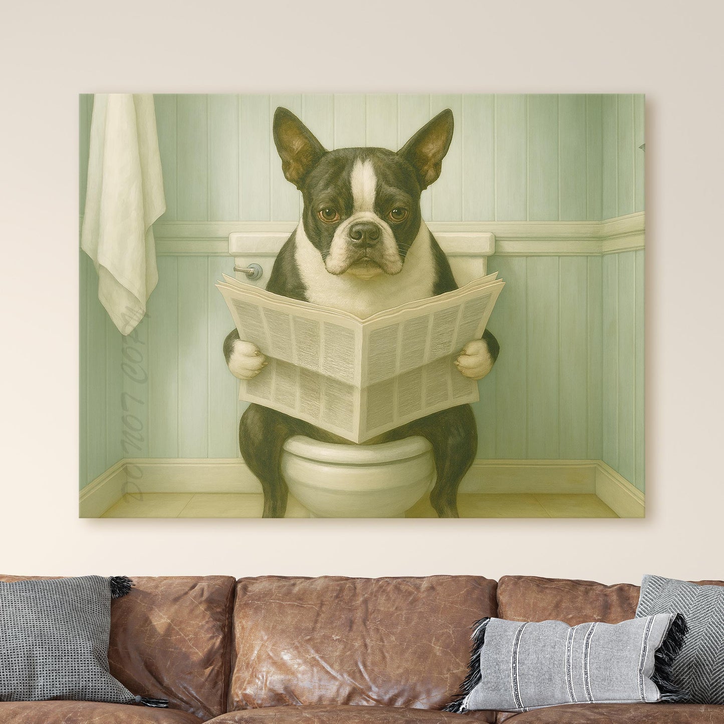 French Bulldog Reading The Newspaper On The Toilet