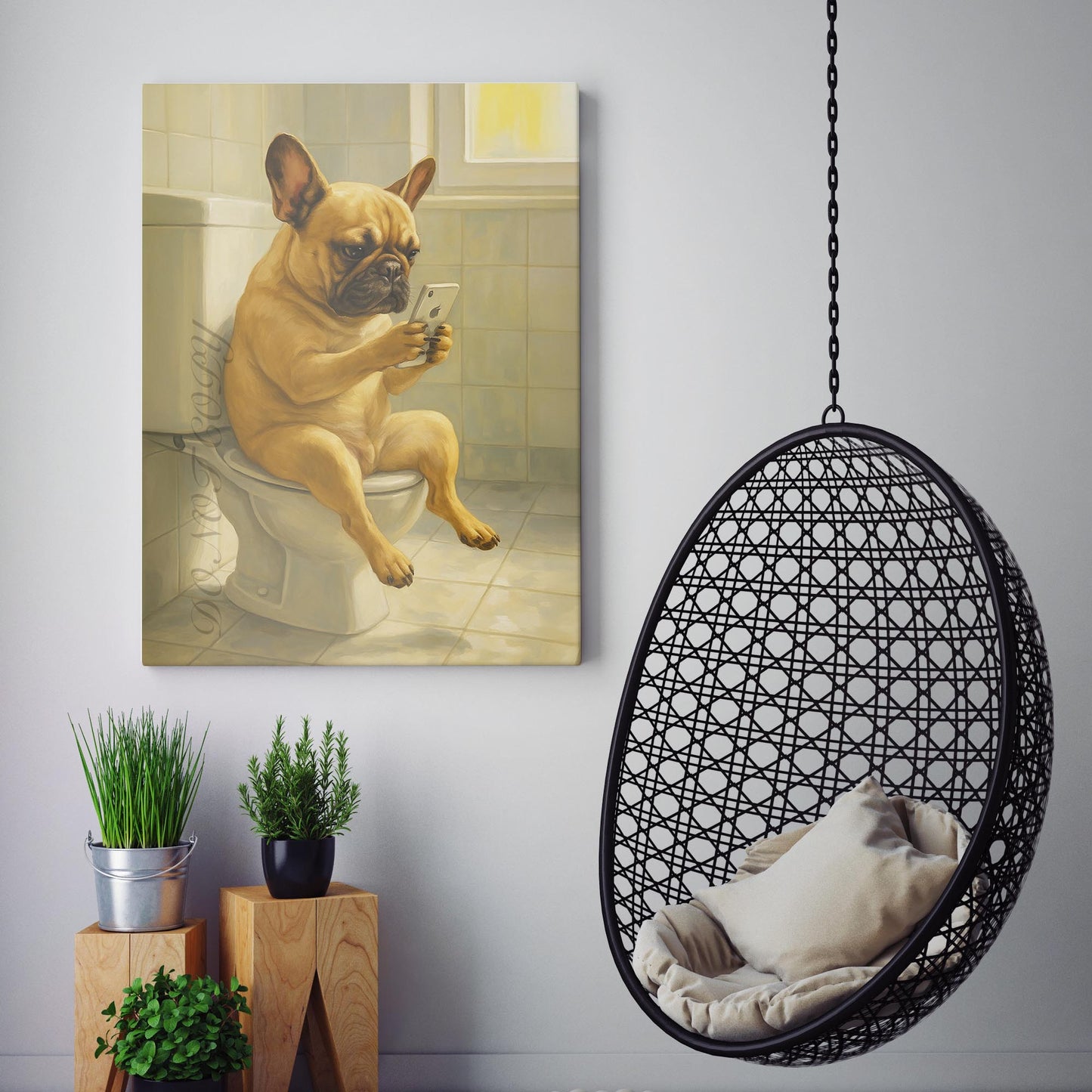 French Bulldog On The Phone On The Toilet