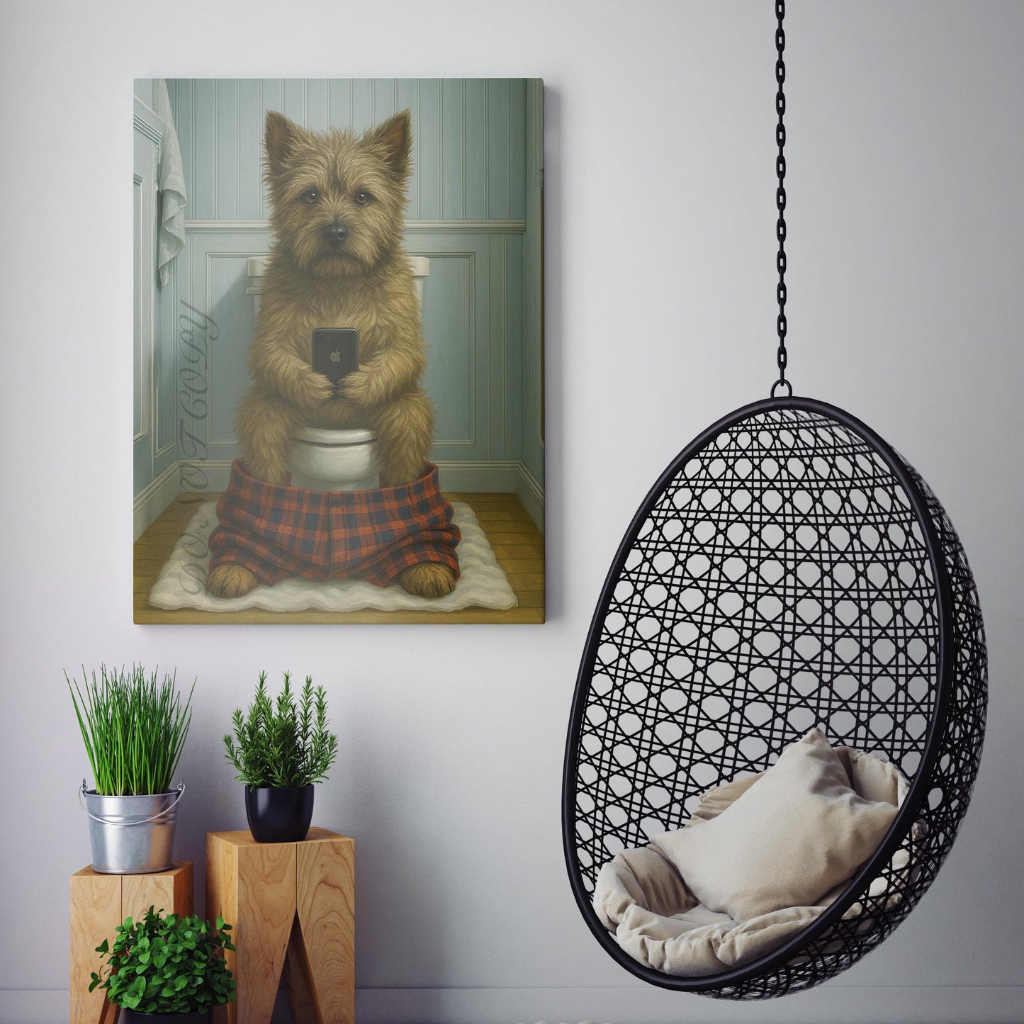 Cairn Terrier Dog On The Phone On The Toilet