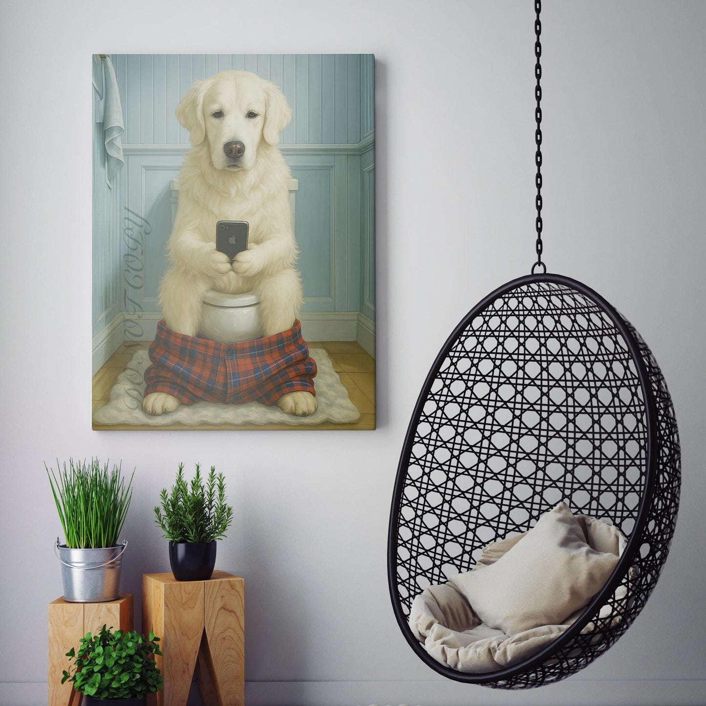 English Cream Golden Retriever Dog Reading The Newspaper On The Toilet