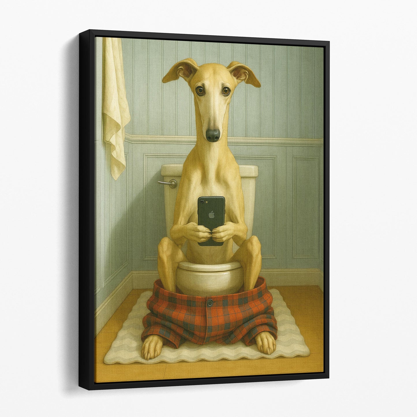 Greyhound Dog On The Phone On The Toilet