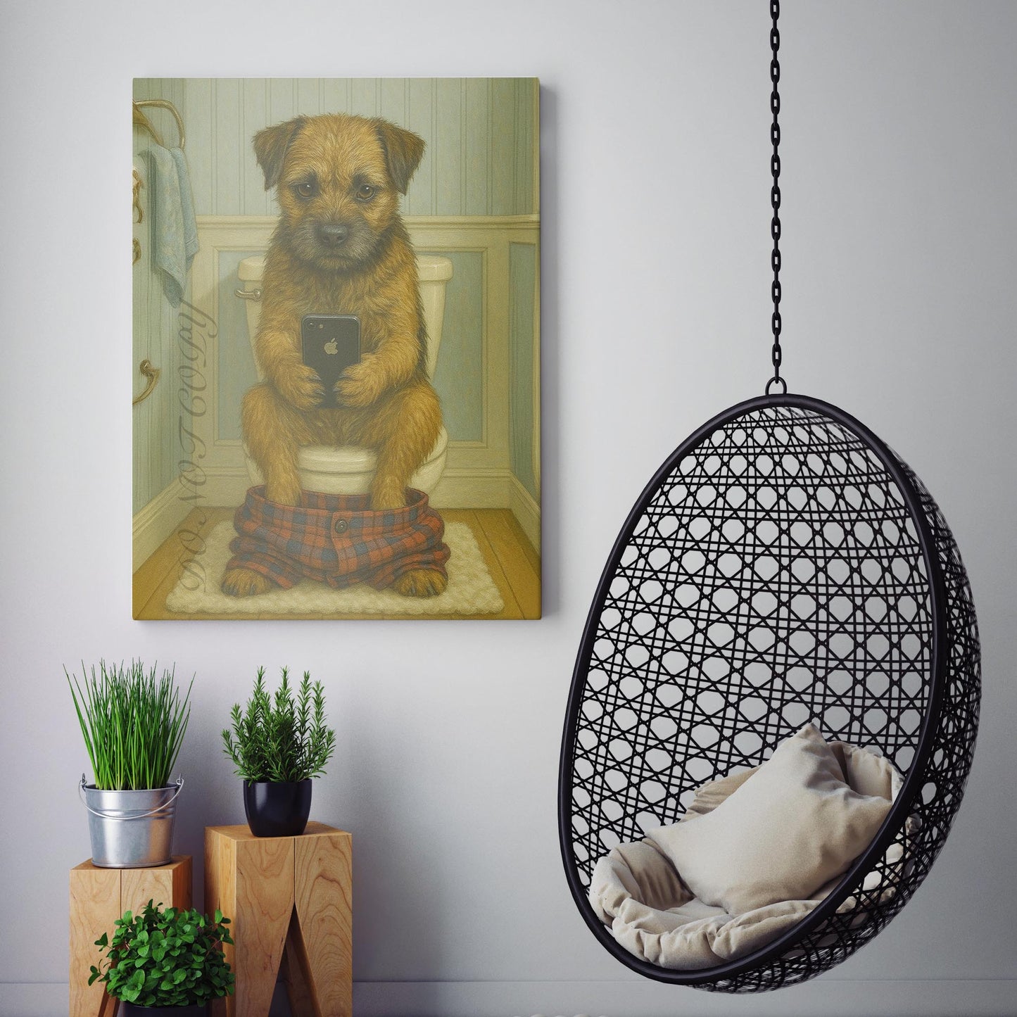 Border Terrier Dog On The Phone On The Toilet