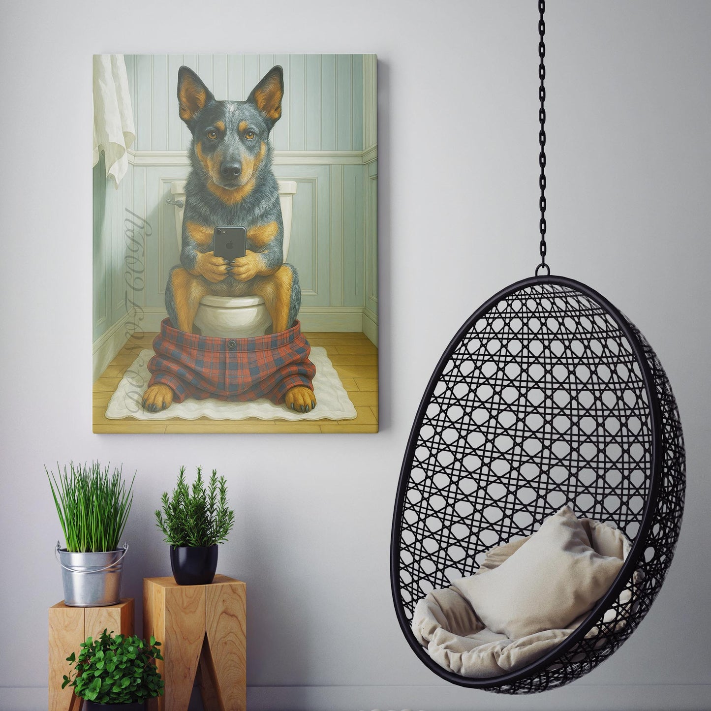 Australian Cattle Dog On The Phone On The Toilet