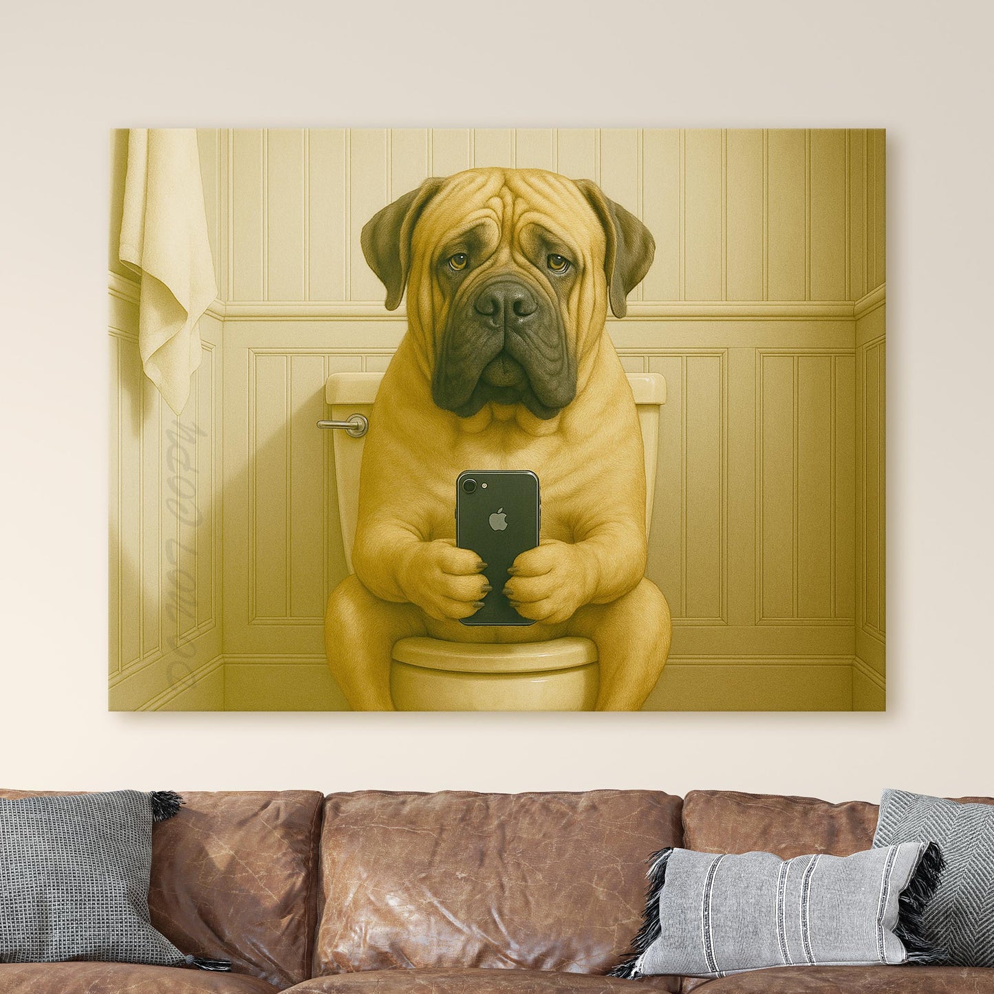 Mastiff Dog On The Phone On The Toilet