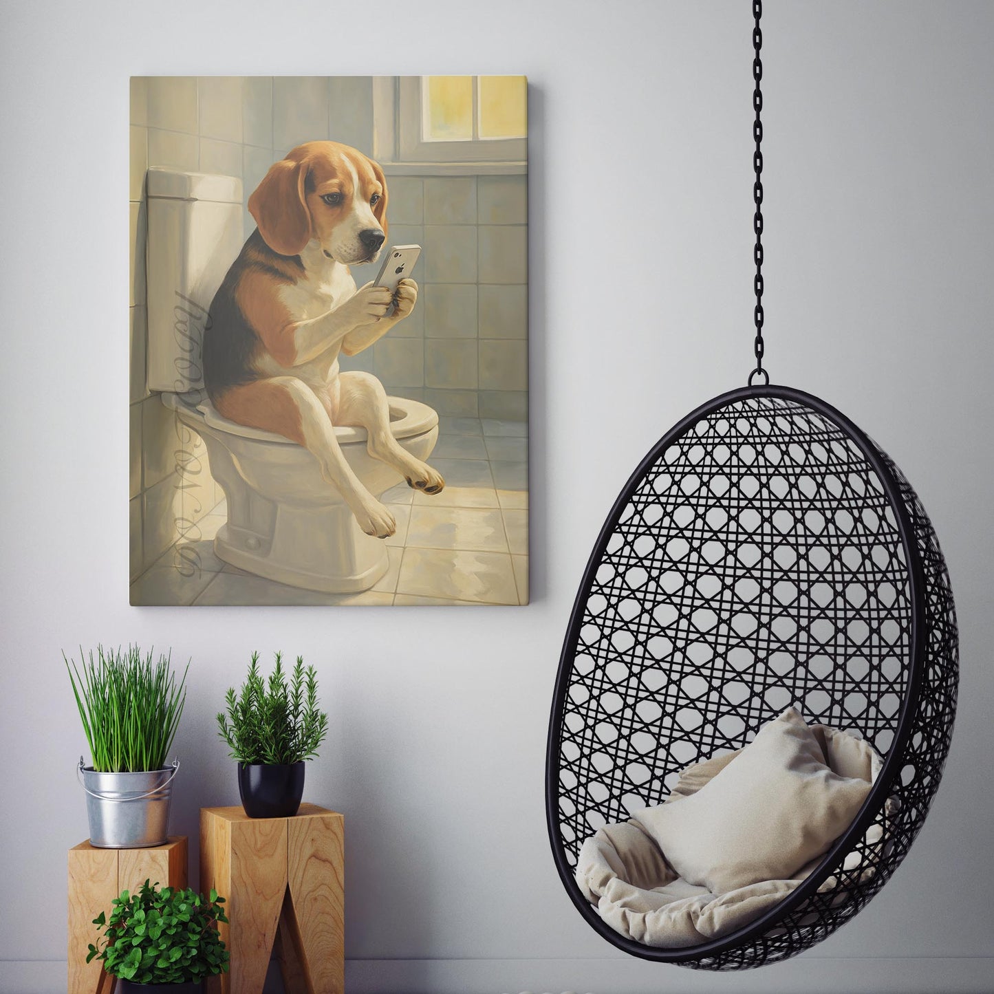 Beagle Dog On The Phone On The Toilet