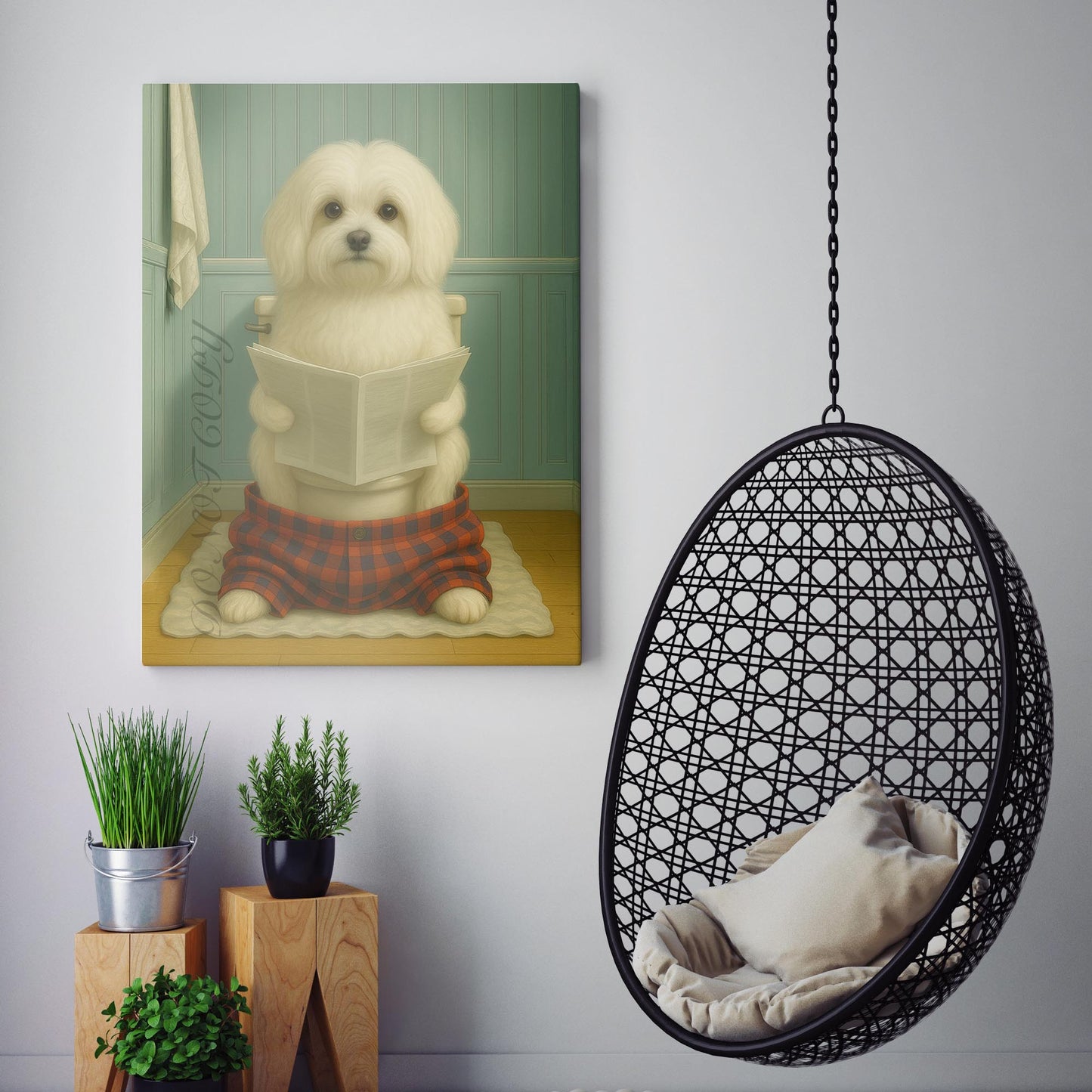 Maltese Dog Reading The Newspaper On The Toilet