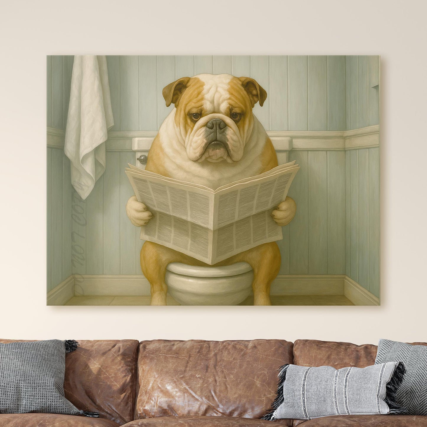 Bulldog Reading The Newspaper On The Toilet