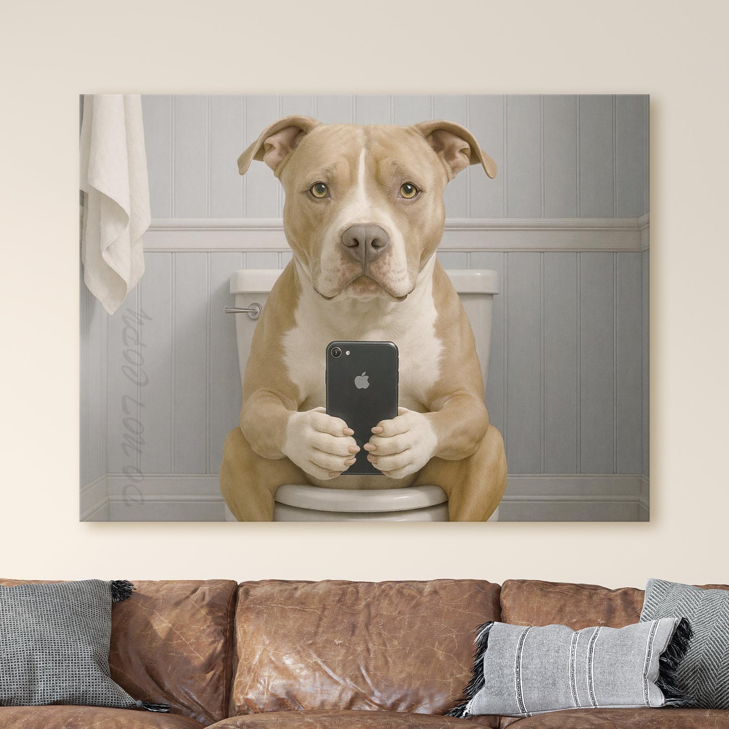 American Pit Bull Terrier Dog On The Phone On The Toilet