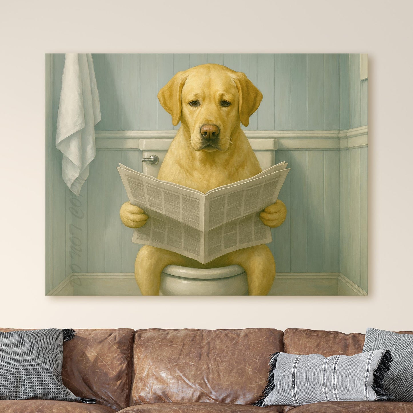 Yellow Labrador Retriever Reading The Newspaper On The Toilet