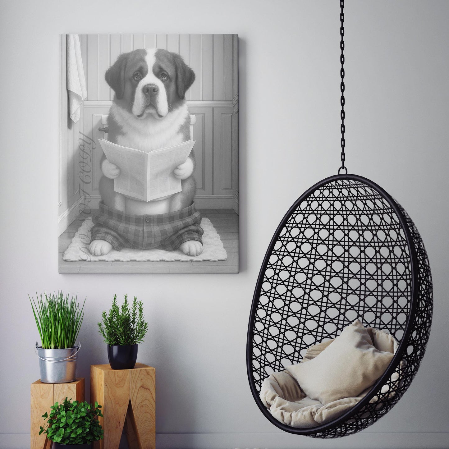 Saint Bernard Dog Reading The Newspaper On The Toilet