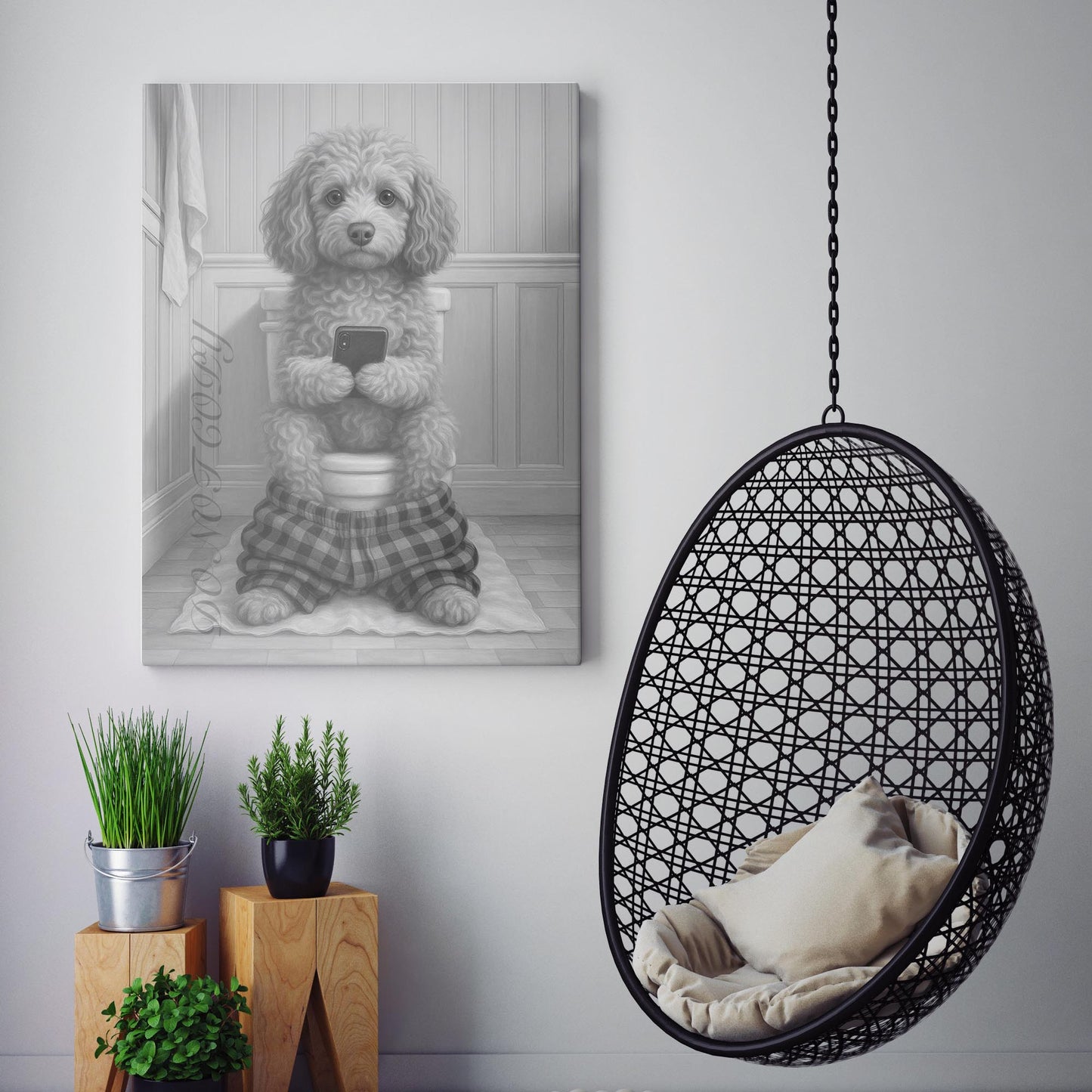 Cockapoo Dog On The Phone On The Toilet