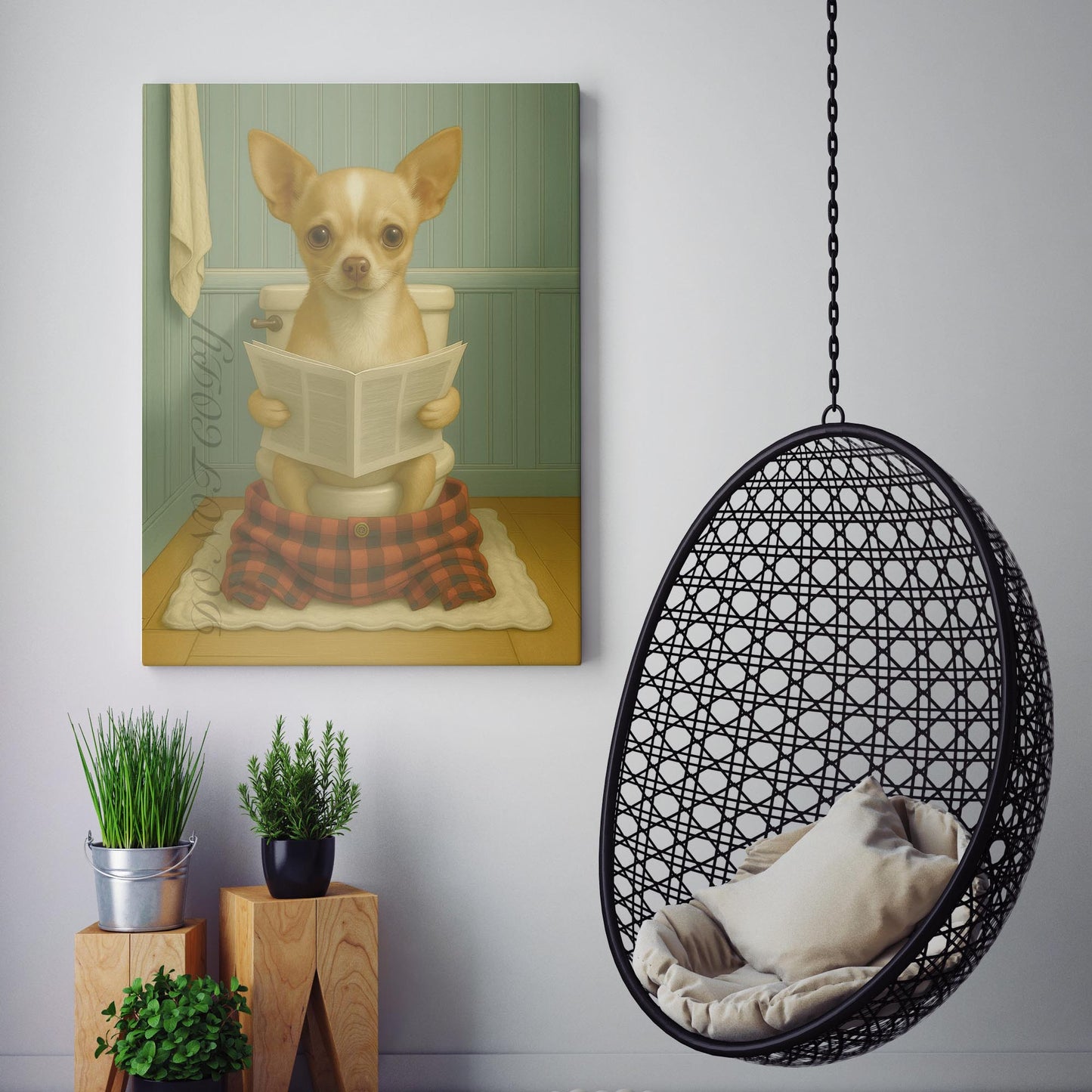 Chihuahua Dog Reading The Newspaper On The Toilet