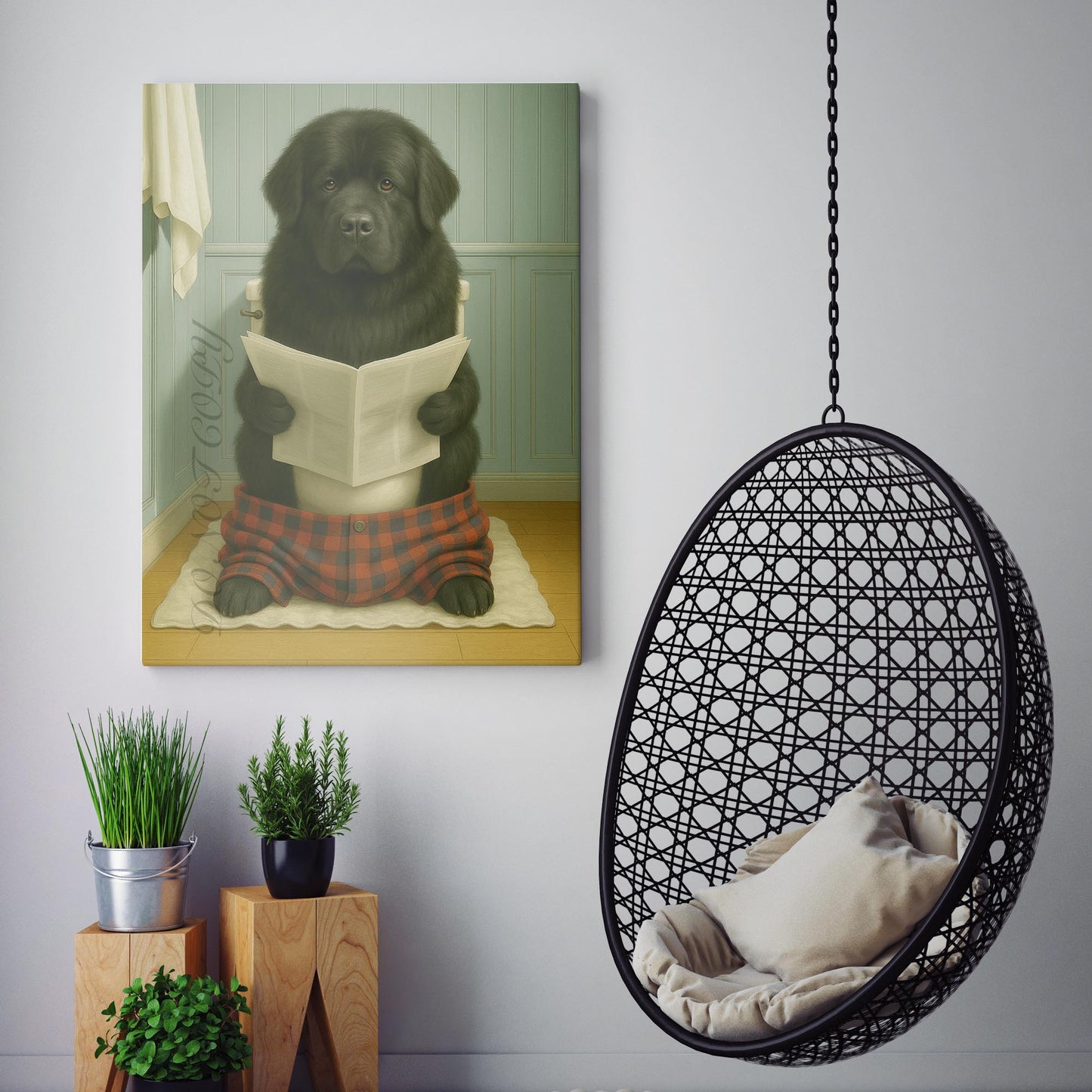 Newfoundland Dog Reading The Newspaper On The Toilet