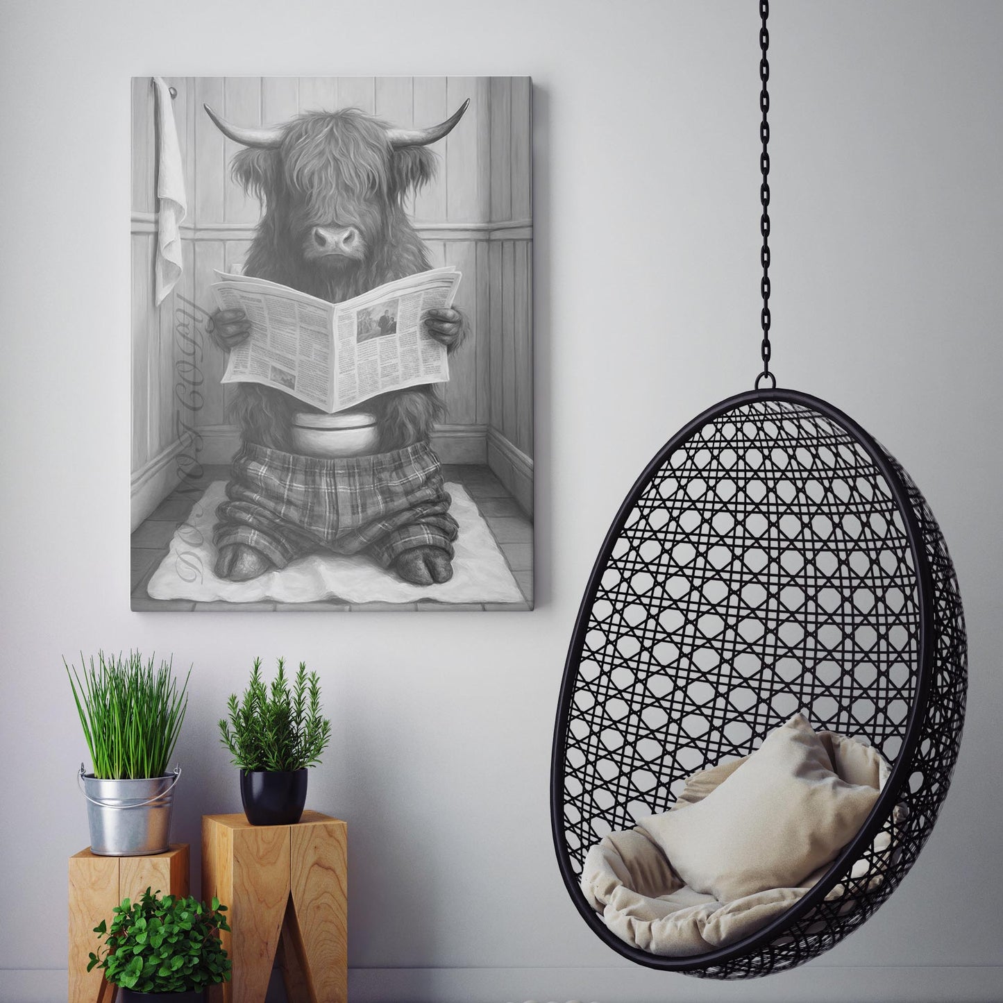 Highland Cow Reading The Newspaper On The Toilet