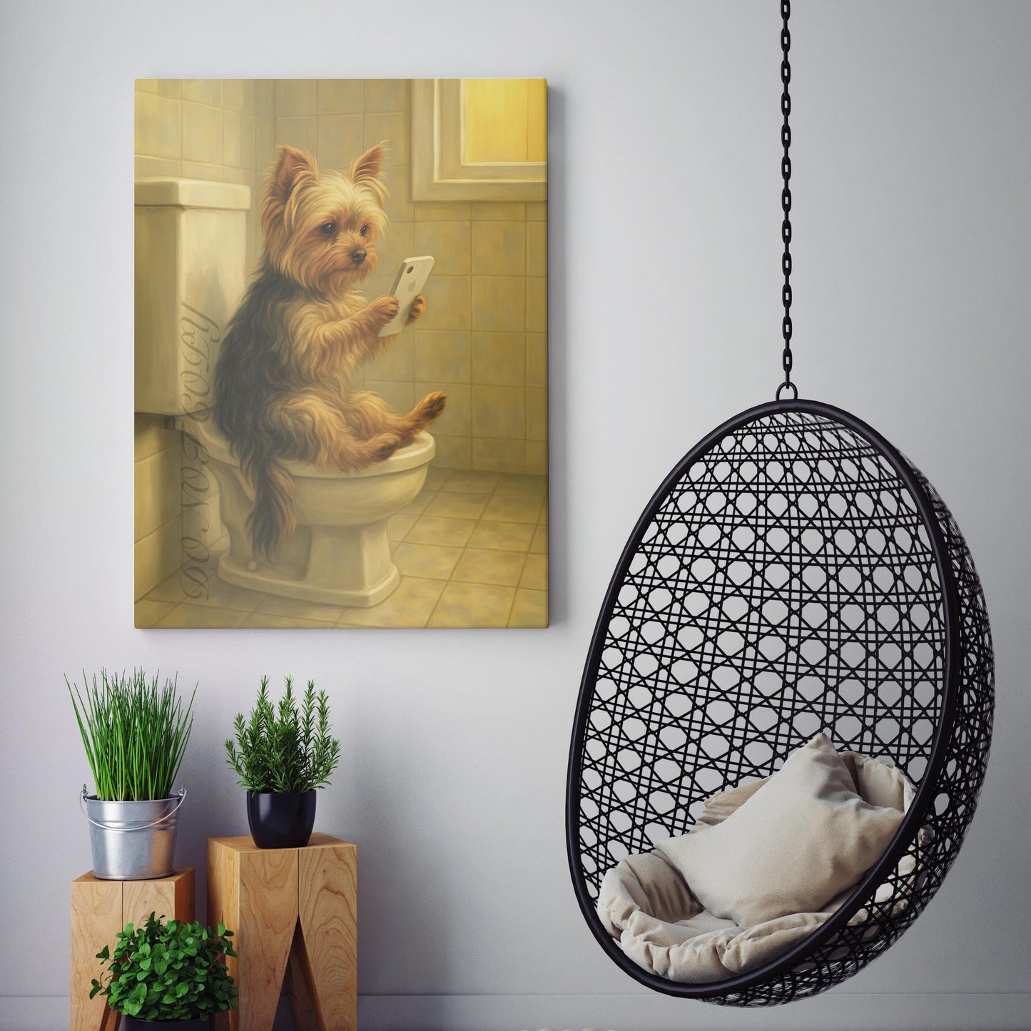 Yorkshire Terrier Dog On The Phone On The Toilet