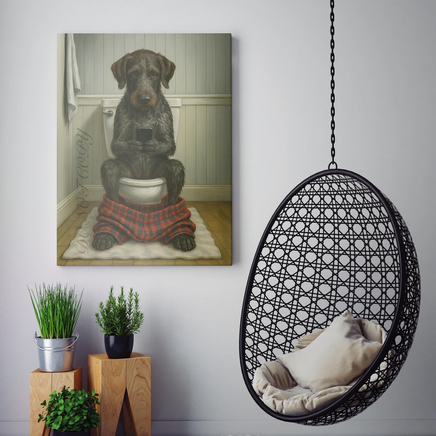 German Wirehaired Pointer Dog On The Phone On The Toilet