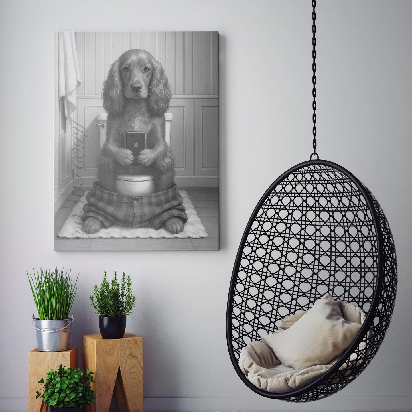 English Cocker Spaniel Dog On The Phone On The Toilet