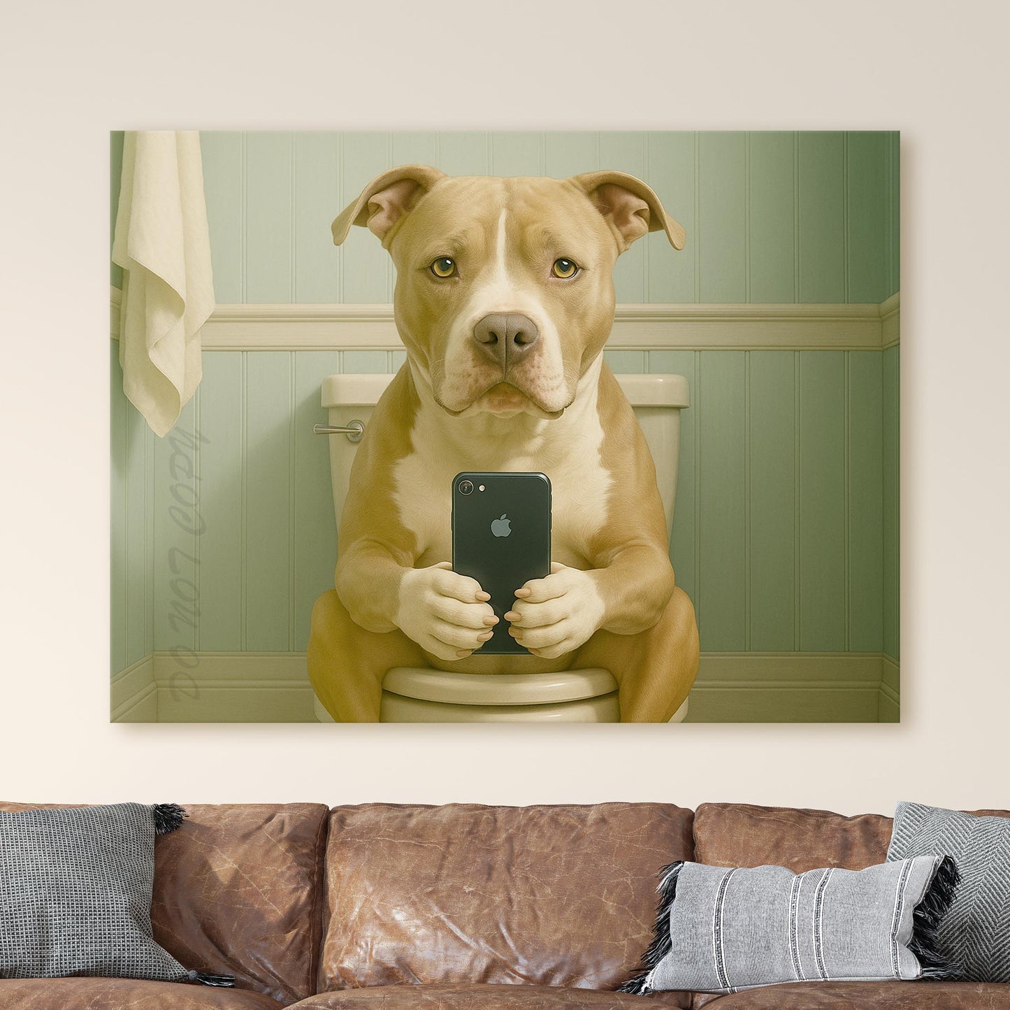 Pit Bull Dog On The Phone On The Toilet