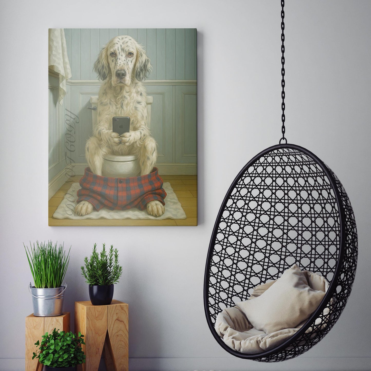 English Setter Dog On The Phone On The Toilet