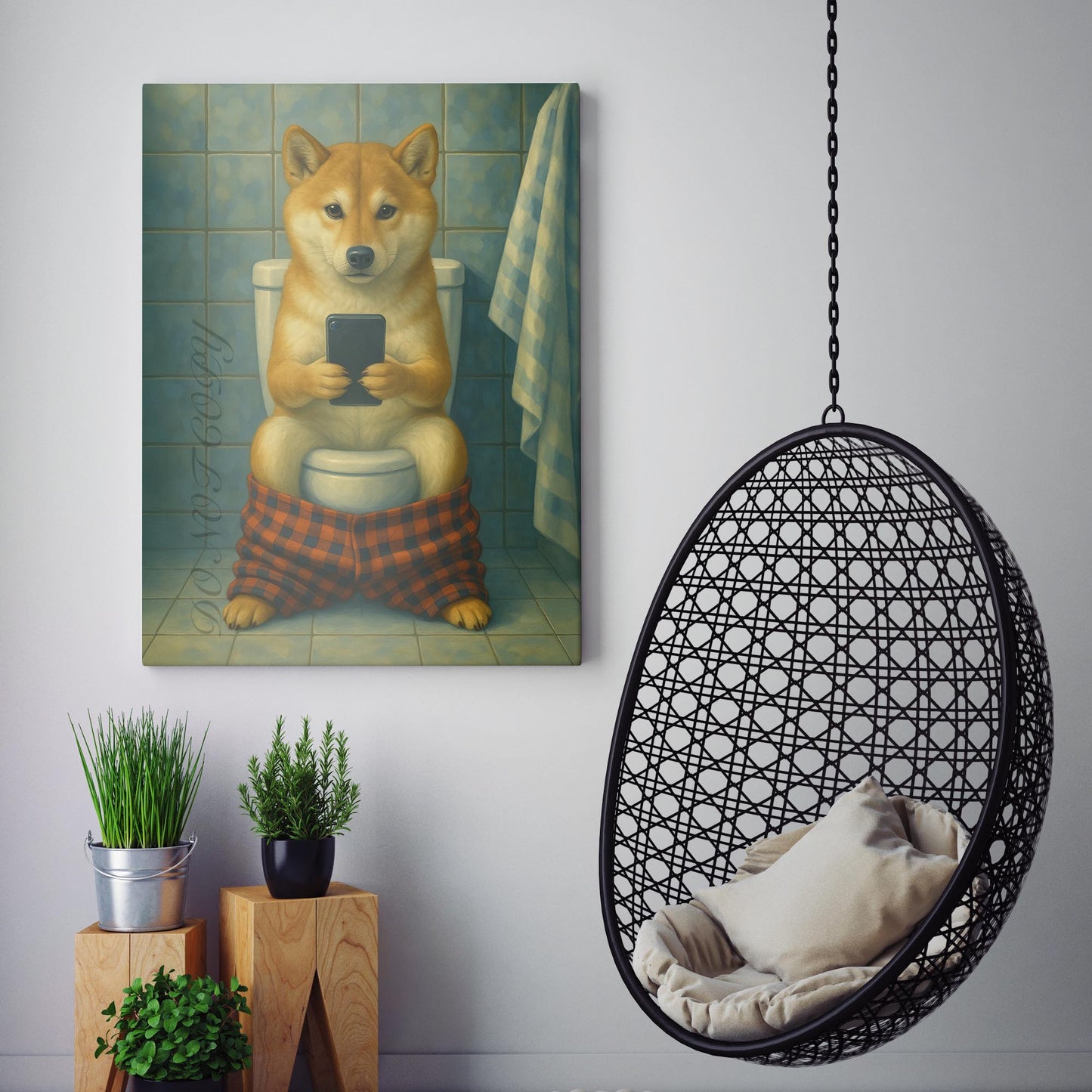 Shiba Inu On The Phone On The Toilet