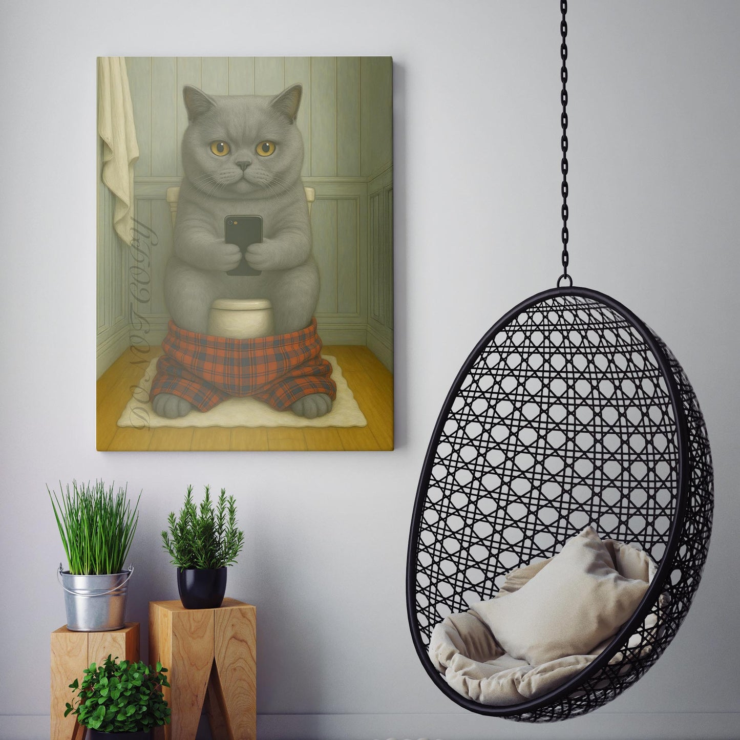 British Shorthair Cat On The Phone On The Toilet