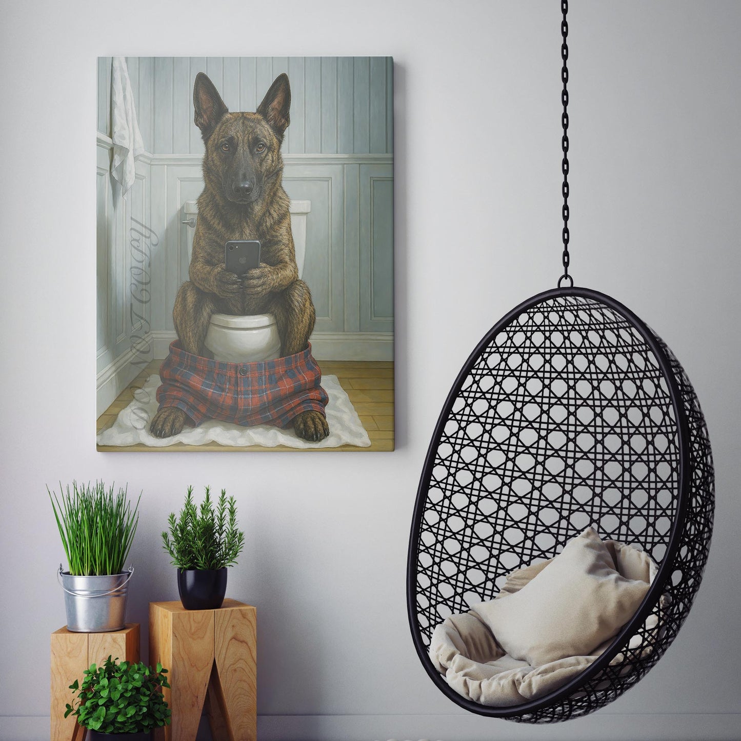 Dutch Shepherd Dog on the Phone on the Toilet