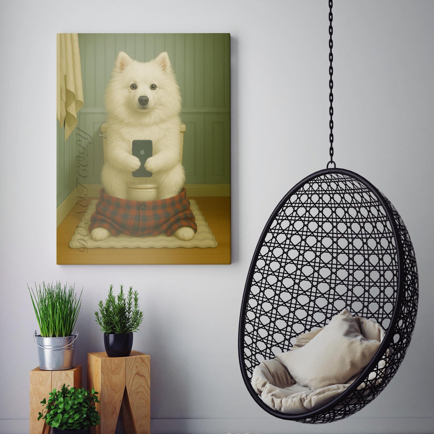 American Eskimo Dog On The Phone On The Toilet