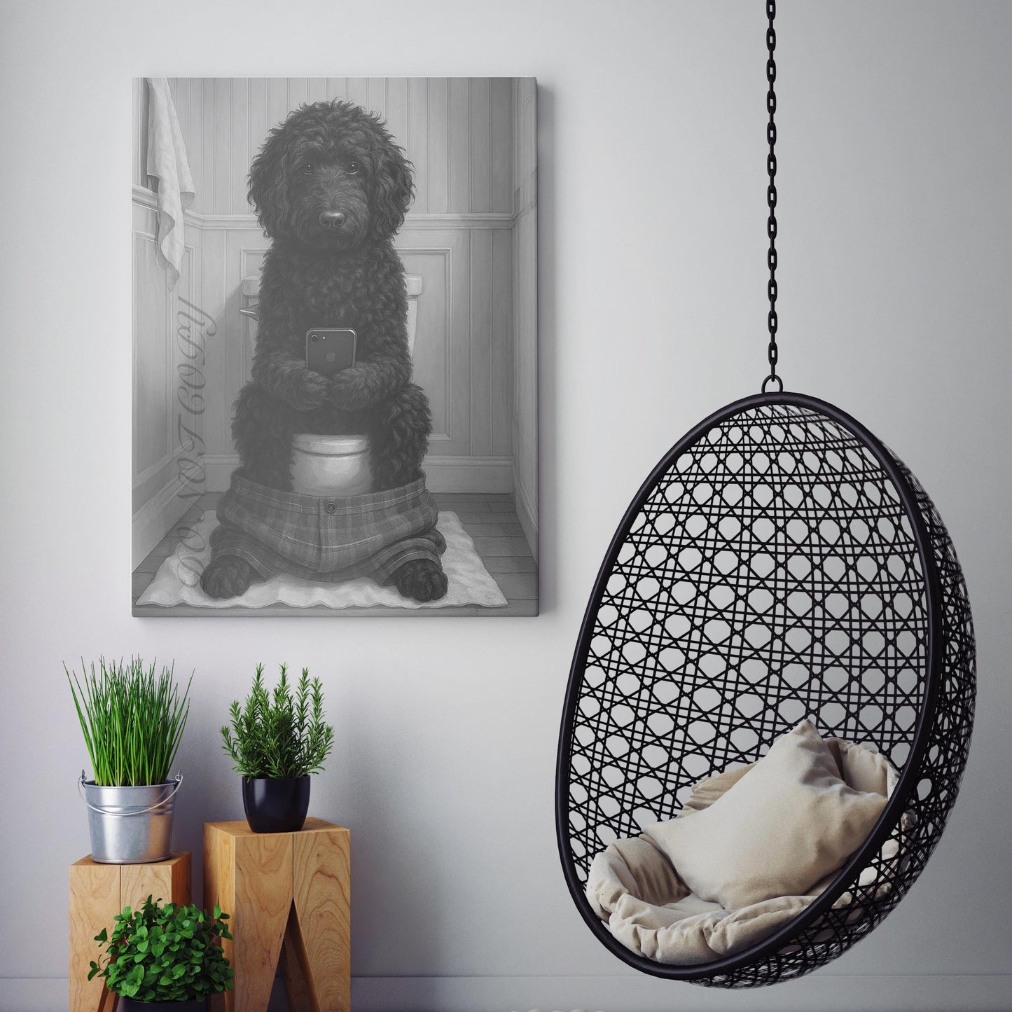 Black Golden Doodle Dog On The Phone On The Toilet