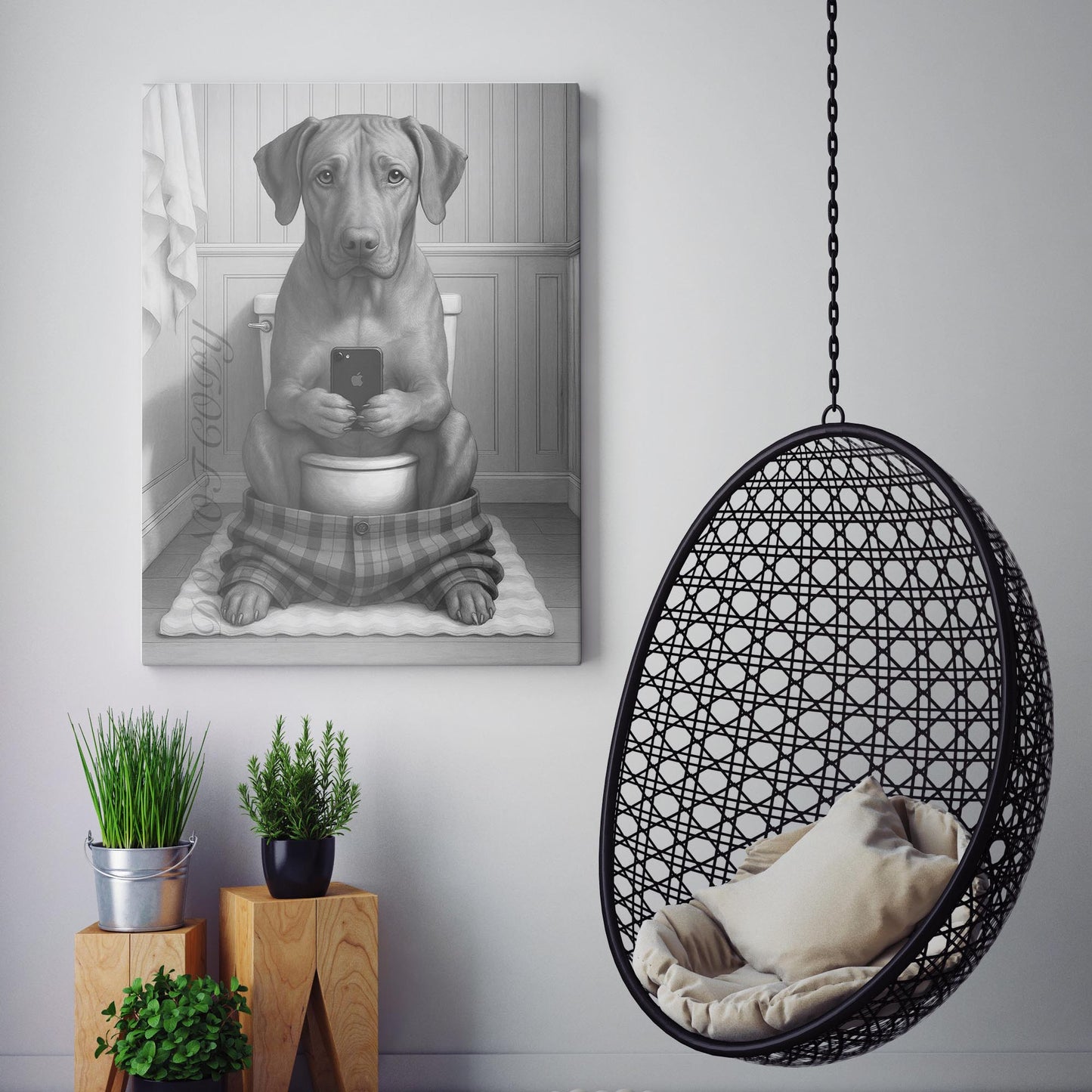 Rhodesian Ridgeback Dog On The Phone On The Toilet