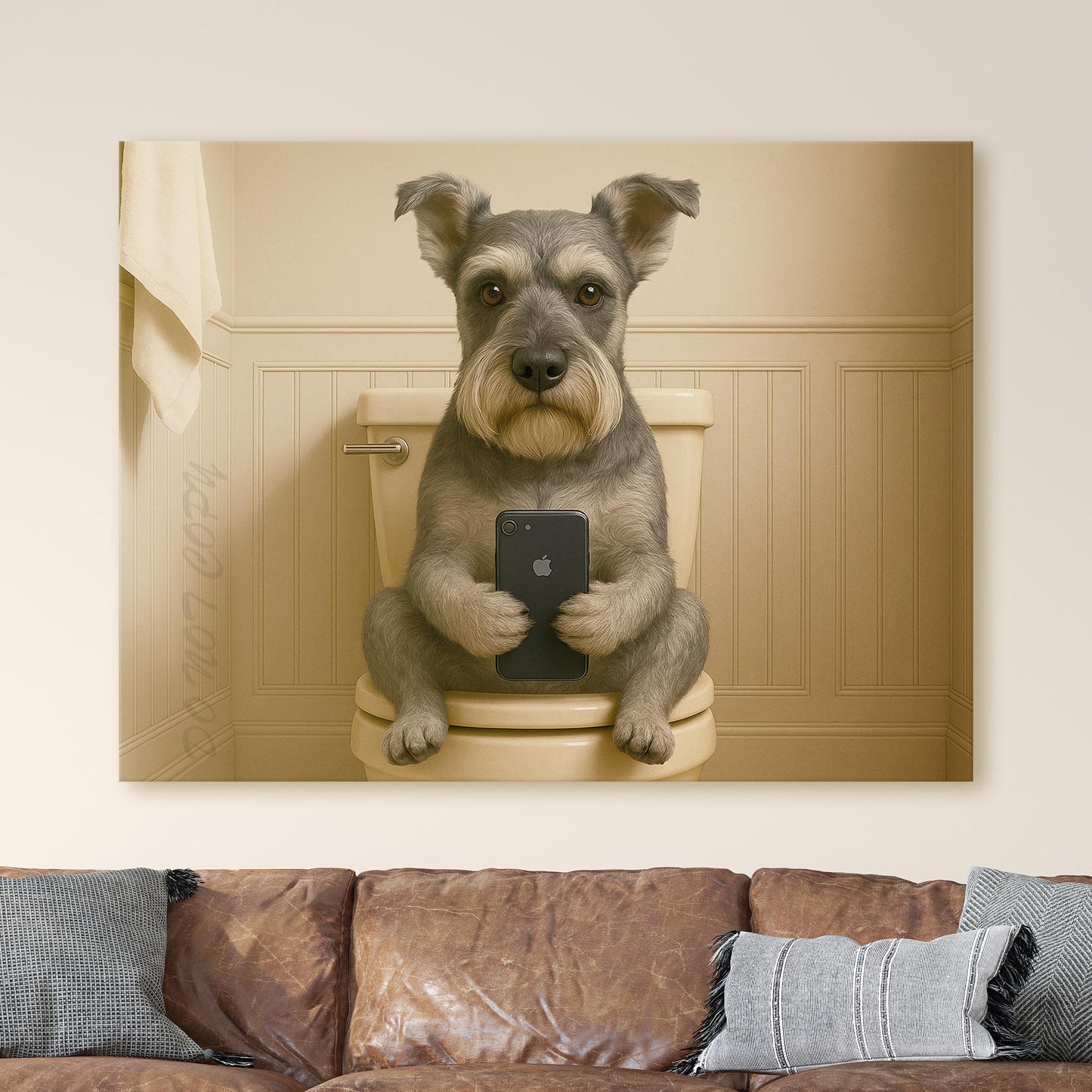 Schnauzer Dog On The Phone On The Toilet