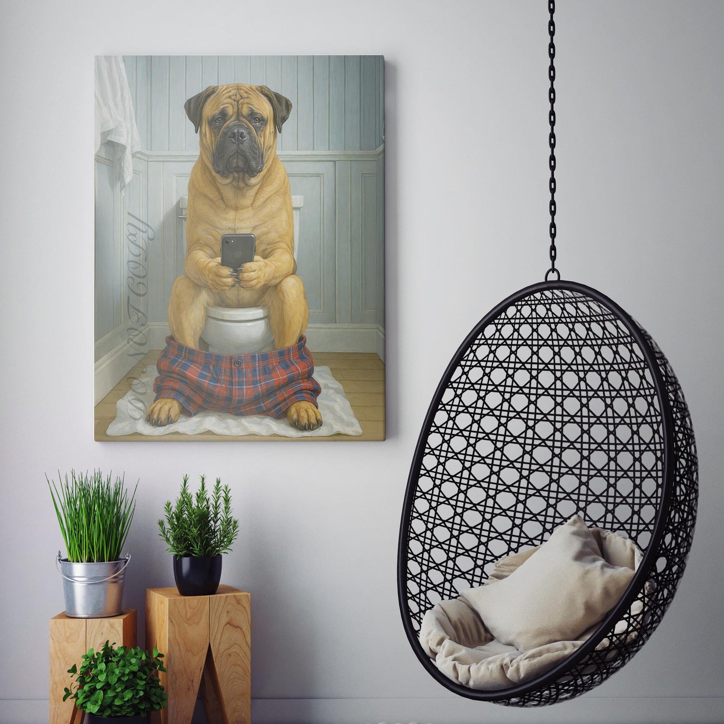 Bullmastiff On The Phone On The Toilet