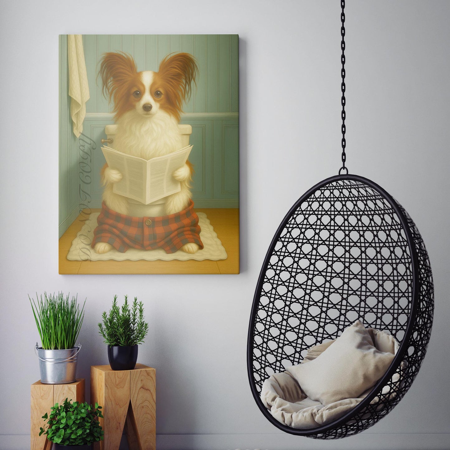 Papillon Dog Reading The Newspaper On The Toilet