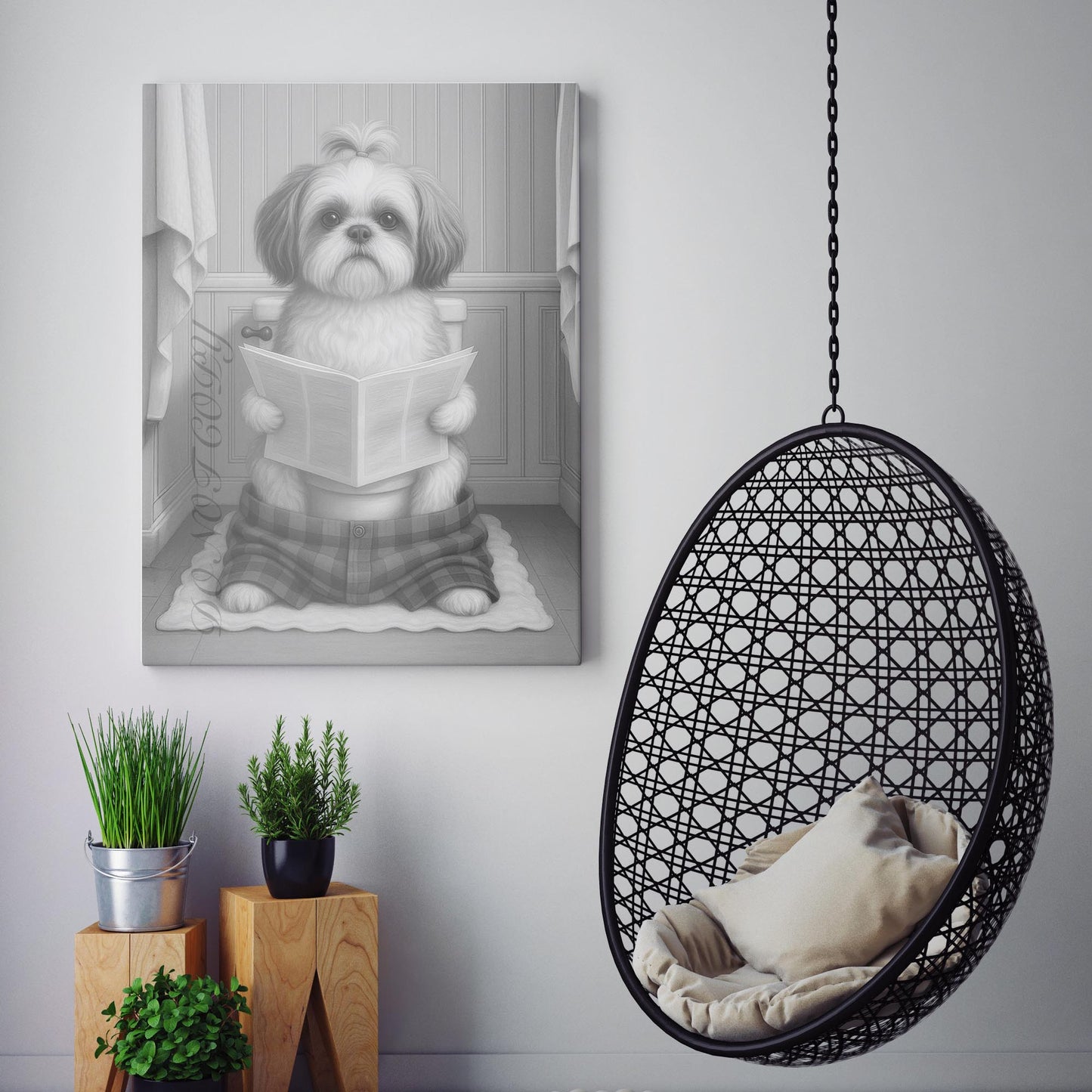 Shih Tzu Dog Reading The Newspaper On The Toilet