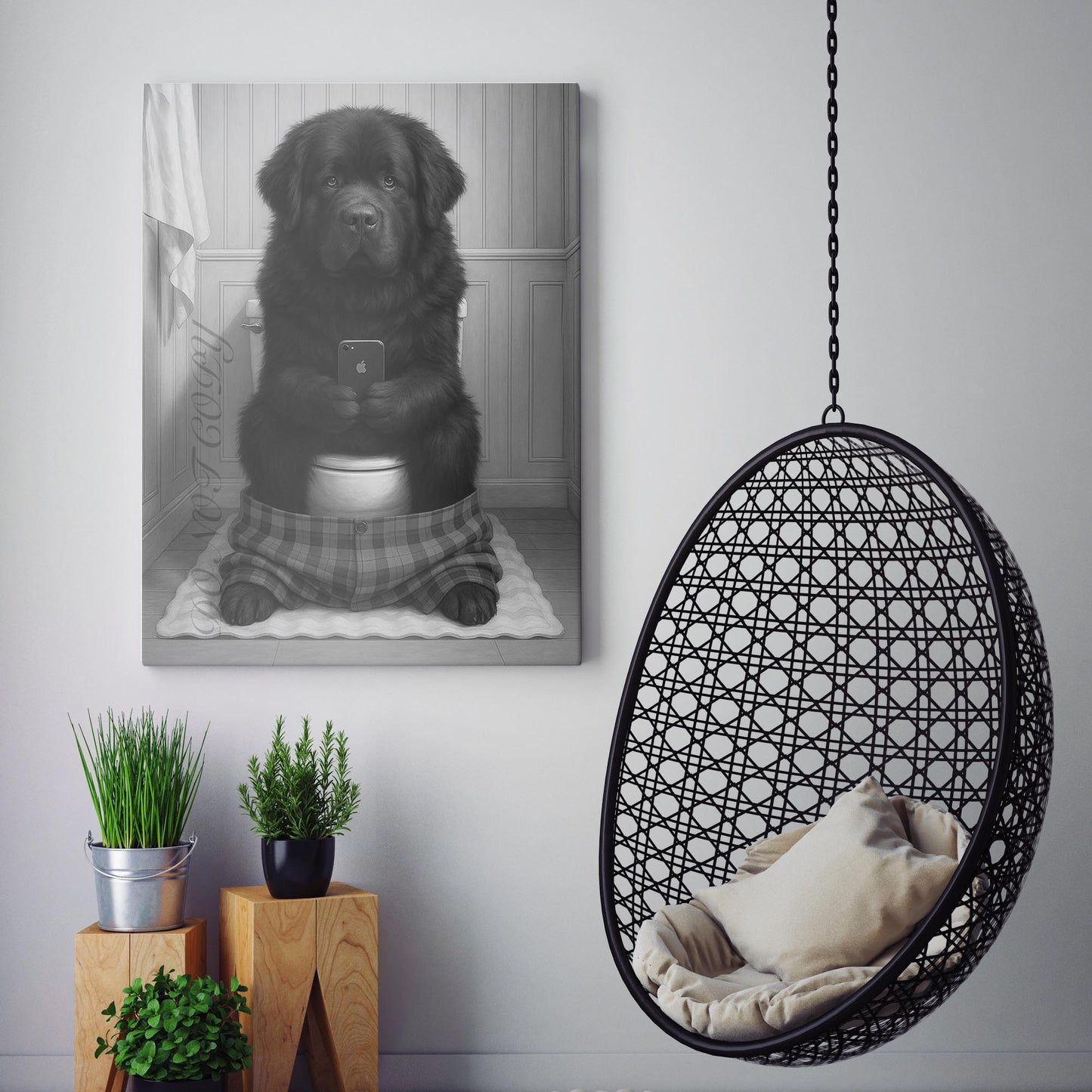 Newfoundland Dog On The Phone On The Toilet